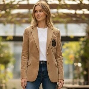 Lauren Ralph Lauren Camel Corduroy Crest Blazer Jacket Tan Gold Button Womens 14